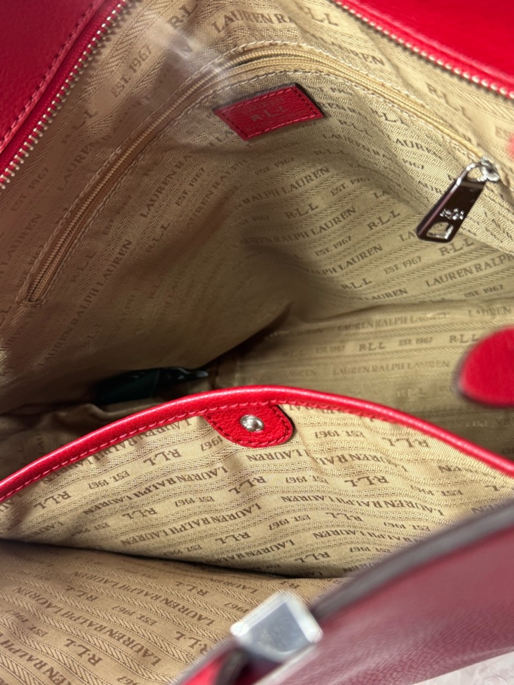Ralph Lauren Arlington Tote Bag Red Cow Leather Sleek Shopper Silver Accents - Picture 10 of 16